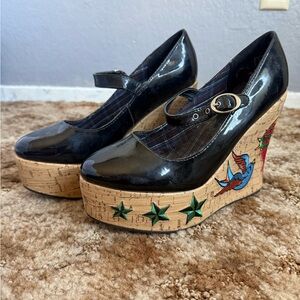 PENTHOUSE Size KAT Women’s Cork Wedge Heel Tattoo Black Platform Mary Jane Shoes